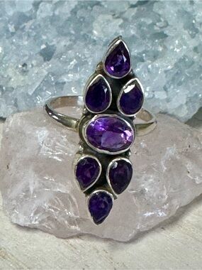 Amethyst Cluster Sterling Silver Gemstone Ring - Size 9